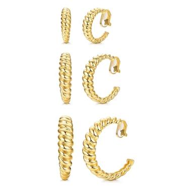 Imagem de Florideco 3 pares de brincos de pressão para mulheres, moderno, hipoalergênico, croissant, conjunto de brincos de argola sem piercing, Zinco, Sem pedra preciosa