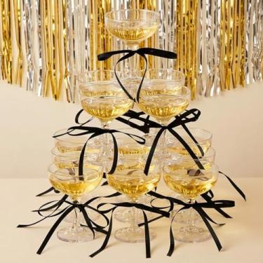 Imagem de Maxdot Conjunto de 20 copos de café expresso para martini, copos de acrílico para cupê, torre de champanhe com laços, para decoração de aniversário e despedida de solteira (preta)