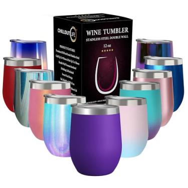 Imagem de CHILLOUT LIFE Copo de vinho de aço inoxidável de 350 ml com tampa - copo de vinho isolado a vácuo de parede dupla que mantém frio e quente para café, champanhe, coquetéis, sorvete - roxo revestido em