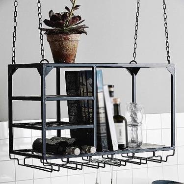 Imagem de Prateleira de montagem de teto industrial, rack de vinho suspenso, suporte de garrafa de vinho de metal com suporte de vidro e prateleira, rack organizador para decoração de cozinha de bar (cor: preto