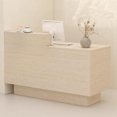 Imagem de Mesa de recepção moderna com gaveta trancável, ilhós de cabo e grande armazenamento - mesa de balcão frontal para varejo, escritório ou salão de beleza - Balcão de caixa elegante com acabamento