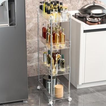 Imagem de Carrinho utilitário de acrílico fino de 4 camadas com rodas bloqueáveis, organizador de carrinho de prateleiras móveis para armazenamento de cozinha e banheiro, transparente, 37 cm P x 16 cm L x 89 cm