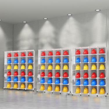 Imagem de Organizador de capacetes rígidos antiderrapantes de 24 grades de grande capacidade com rodas bloqueáveis, prateleiras de exibição comercial para fábricas, suporte de armazenamento de 3 pacotes