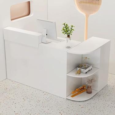 Imagem de Mesa de recepção moderna em forma de L com gaveta bloqueável, mesa de balcão de caixa de varejo para sala de recepção, balcão de recepção branco com armário lateral (140 x 50 x 100 cm)