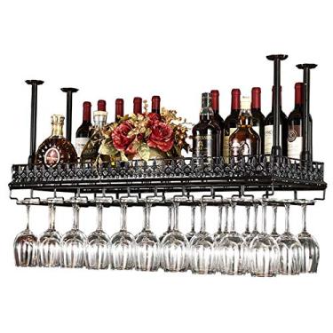 Imagem de Rack de vinho montado no teto e suporte de vidro, prateleira de vinho industrial ajustável para parede, suporte de vidro de vinho suspenso de 2 camadas para bar, preto, 80 x 35 cm
