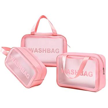 Imagem de 2021 Sacos de maquiagem transparentes 3 peças de necessaire de viagem pano impermeável e bolsa de transporte de artigos de higiene pessoal de PVC transparente com zíper, alça bolsa