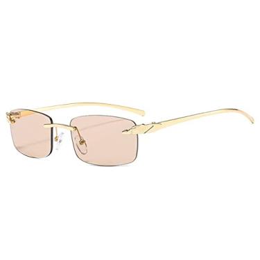 Imagem de Óculos de sol retangulares sem aro de chita vintage únicos femininos cores doces lentes transparentes designer masculino óculos de sol, champanhe dourado