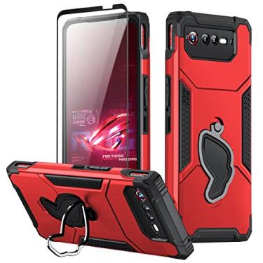 Imagem de Fanbiya Armor Capa para ASUS ROG Phone 6, 6 Pro Case com Kickstand e protetor de câmera, 360 ° Full Body Protection Rugged Shockproof Case com vidro temperado, Vermelho