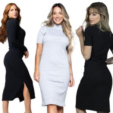 Imagem de KIT 3 Combo Vestido Midi Manga Longa e Curta Serra e Mar Gola Alta Blogueira Canelado Moda Casual-Feminino