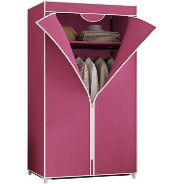 Imagem de HLMSRXJ Guarda-roupa de lona, ​​prateleiras de guarda-roupa portáteis com trilho suspenso, prateleiras, capa de tecido, organizador de armazenamento de armário de roupas, rosa, 155x70x45