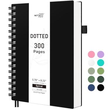 Imagem de RETTACY Caderno de diário pontilhado, 300 páginas, tamanho médio A5 (14 cm × 21 cm), papel grosso de 100 g/m2, capa de plástico flexível, encadernado em espiral, para registro de balas, planejamento
