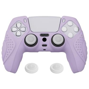 Imagem de eXtremeRate PlayVital Guardian Edition Capa de silicone ergonômica macia antiderrapante roxa malva para controle ps5, películas protetoras de borracha com tampas brancas de joystick para controle PS5