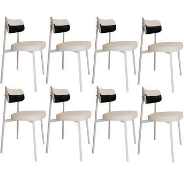 Imagem de Kit 08 Cadeiras Estofada Para Sala De Jantar Astrid Branco C01 Linho Palha Courino Preto - Lyam Decor