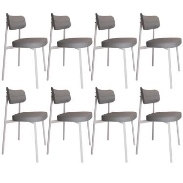 Imagem de Kit 08 Cadeiras Estofada Para Sala De Jantar Astrid Branco C01 Linho Cinza - Lyam Decor