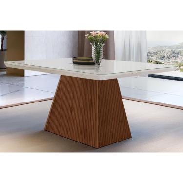 Imagem de Mesa Para Cozinha Luna C-tampo Madeirado Vidro Canto Curvo 120x80cm Off White-imbuia Ripado 3d - Vidro Off White - Rufato