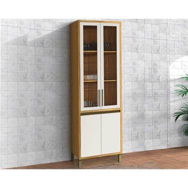 Imagem de Paneleiro De Cozinha Cristaleira Tempranillo C- 4 Portas (2 C- Vidro Canelado) 70x230cm Amendoa-off White - Ronipa