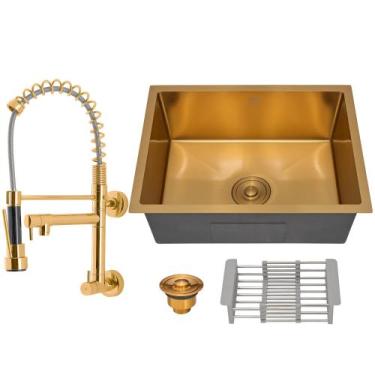 Imagem de Kit Cuba Cozinha Gourmet Quadrada C/ Torneira Parede Dourada - Kparts 