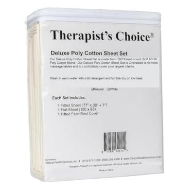 Imagem de Therapist's Choice® Jogo de lençol de luxo de algodão poli de 3 peças, para mesas de massagem, inclui lençol de cima, lençol com elástico e capa para descanso de rosto (natural)