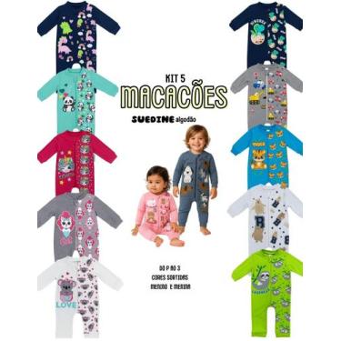 Imagem de Kit 5 Macacão longo com punhos Enxoval Roupa Bebê Protetor Ziper Menin