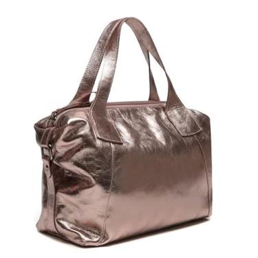 Imagem de Bolsa de Ombro Feminina Metálica, Couro Legítimo Prata, com Zíper e Alças Duplas