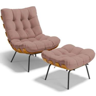 Imagem de Poltrona Costela L02 Com Puff Sala De Estar Linho Rosê - Lyam Decor