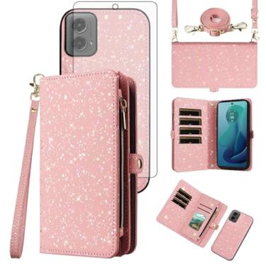 Imagem de Asuwish Capa de celular para Motorola Moto G 5G 2024 com zíper carteira magnética destacável com protetor de tela de vidro temperado e suporte de cartão com glitter, acessórios para celular G5G 5 G G5