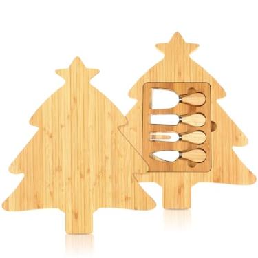 Imagem de Remerry Tábua de corte de Natal, conjunto de facas e bandeja de bambu, bandeja de servir para árvore de Natal, pratos de charcutaria, prato de comida para queijo, frutas, sobremesa, Natal, casa