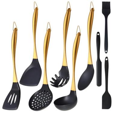 Imagem de Conjunto de utensílios de cozinha de silicone, 9 peças, conjunto de utensílios de cozinha com alça de aço inoxidável, utensílios de silicone resistentes ao calor para cozinhar, conjunto de espátulas
