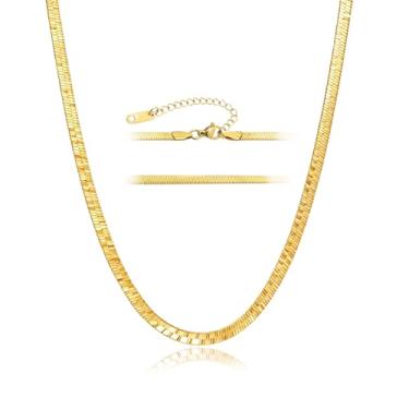 Imagem de OATHYAN Colar de corrente de cobra plana banhada a ouro 18 quilates, corrente delicada de ouro/prata espinha de peixe gargantilha colar de joias de aço de titânio presentes, Adjustable, Banhado a ouro