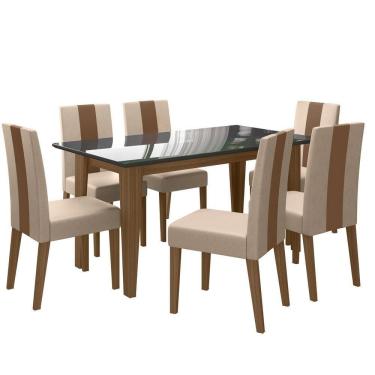 Imagem de Conjunto Sala De Jantar 6 Cadeiras Tampo Retangular 160cm Com Vidro Liz Carvalho Grafite Linea Marfim - Poliman