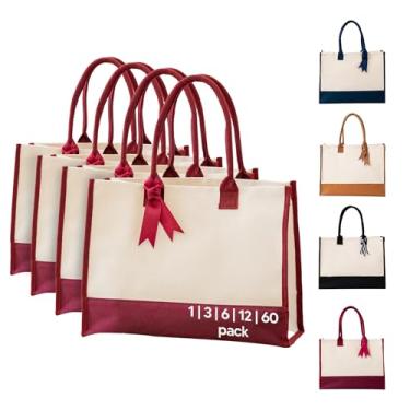 Imagem de Sacola de casamento com placa inferior e fita – Bolsa de presente 100% algodão para damas de honra, chá de panela, eventos, uso personalizado, Marrom, 3-Pack