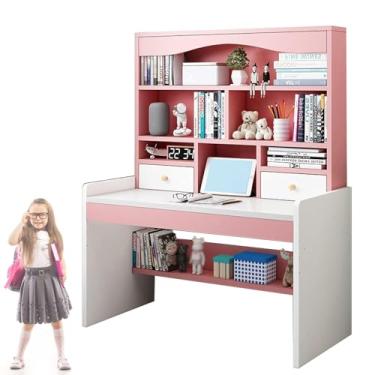 Imagem de HGTRH Escrivaninha multifuncional com prateleiras de armazenamento e 2 gavetas, mesa de computador altura ajustável 65 ~ 75 cm, mesa de escritório em casa, estação de trabalho, economia de espaço