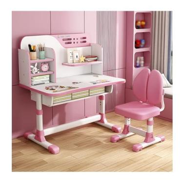 Imagem de HGTRH Conjunto de mesa e cadeira de estudo infantil, conjunto de mesa com gavetas de altura ajustável e armazenamento ergonômico, padrão de desenho animado, mesas e cadeiras para crianças escola rosa