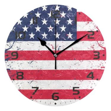 Imagem de JUZIHAI Relógio de parede com bandeira americana, silencioso, redondo, sem tique-taque, operado por bateria, fácil de ler, relógio decorativo de parede para casa, cozinha, sala de estar, quarto