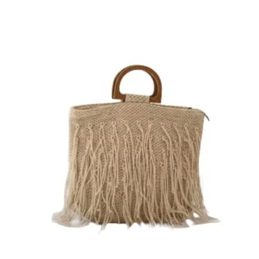 Imagem de Bolsa de Mão com Franjas, Alça de Madeira, Tecido Trançado Bege, Estilo Boho