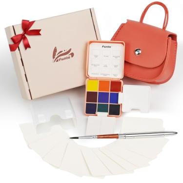 Imagem de Funto Conjunto de aquarela de bolso, kit de cores para viagem, com 9 cores, bolsa de couro, copo de água de tinta, paletas dobráveis e mini papéis de aquarela, mini tinta para arte