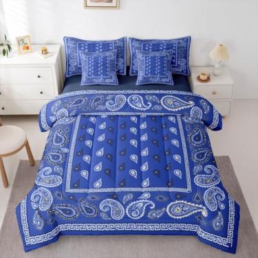 Imagem de Conjunto de edredom queen com bandana azul royal, 7 peças, bandanas boho paisley, para todas as estações, cama floral boêmia, chique, em uma bolsa com edredom, lençóis e fronhas, decoração de quarto
