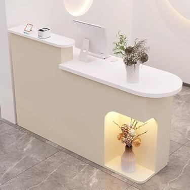 Imagem de Mesa de recepção moderna com luz LED, mesa de balcão de varejo com gaveta e armário de armazenamento - Estação de recepção para escritório ou salão de beleza (bege, 140 x 50 x 105 cm)