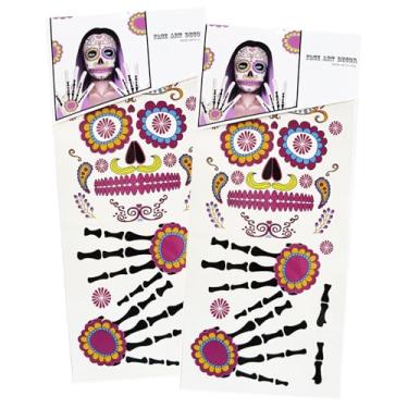 Imagem de Pacote com 2 tatuagens vibrantes de rosto morto e esqueleto - Crânio floral grande com desenho de açúcar para Halloween, Día de los Muertos, fantasia de cosplay para adultos e crianças (crânio-flor)