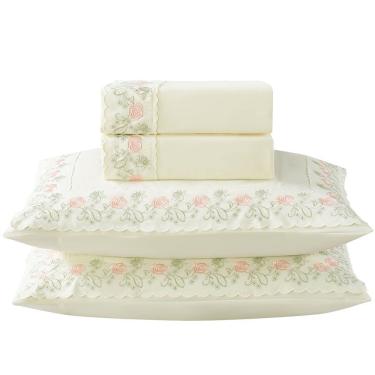 Imagem de Jogo De Lençol Ricca Casal 4 Peças Micropercal 300 Fios Bordado Floral - Rosas - 100% P...