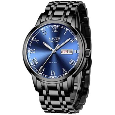 Imagem de LIGE Relógios masculinos à prova d'água de aço inoxidável com data analógica de quartzo, relógio de pulso masculino clássico para negócios, 7 preto, azul, Cronógrafo