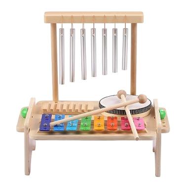 Imagem de SIMBAE Bateria Infantil Conjunto de combinação de carrilhão de vento Conjunto de bateria infantil Windchime Xilofone Tambor de madeira Guiro Scraper Conjunto de instrumentos musicais 4 em 1 com 2 marr