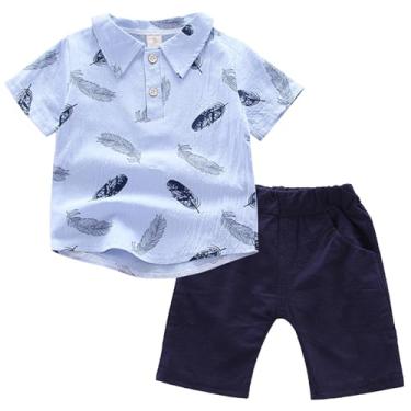 Imagem de Kunyeah Conjunto de roupas de algodão para bebês meninos camisa polo manga azul shorts estampa de penas roupas camiseta verão, Azul, 2-3 Anos