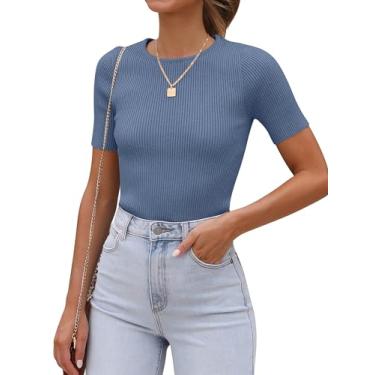 Imagem de ANRABESS Camisetas femininas gola redonda manga curta suéter canelado malha slim fit verão casual básico camiseta lisa, Cinza e azul, P