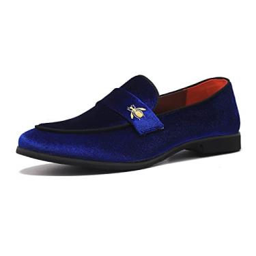 Imagem de FLQL Sapato masculino luxuoso veludo penny loafers bordado camurça vestido loafers diário sapatos para festa casamento formatura tamanho 7-13, Azul - 3, 7