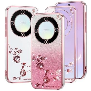 Imagem de Kainevy Capa para Honor Magic 5 Lite capa transparente com glitter rosa floral para mulheres meninas linda capa de telefone Honor Magic 5 Lite capa de silicone à prova de choque fina diamante