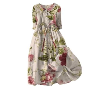 Imagem de Vestidos femininos de verão 2024 verão floral lapela gola botão vestido rodado evasê vestidos midi de férias, A02-cáqui, GG