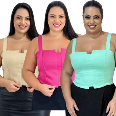 Imagem de Kit 3 Cropped Top Plus Size Alfaiataria Luxo Com Detalhe Lastex Moda F