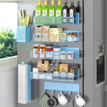 Imagem de Suporte magnético para temperos para geladeira, pacote com 7 prateleiras magnéticas de metal, azul, organizador de especiarias móvel com gancho, suporte de toalha de papel, suporte de utensílios de