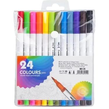 Imagem de Caneta Brush Pen Kit 24 Cores 2 em 1, Pontas Pincel e Fina, Canetinha Dupla para Lettering, Escolar, Colorir, Desenho